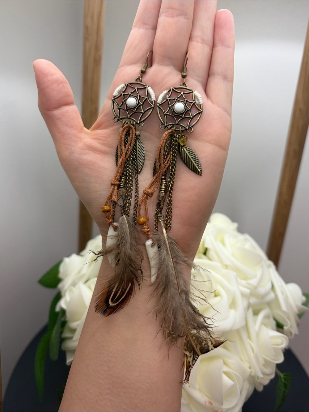 Bohemian Dreamcatcher Feather Drop Earrings - Brown